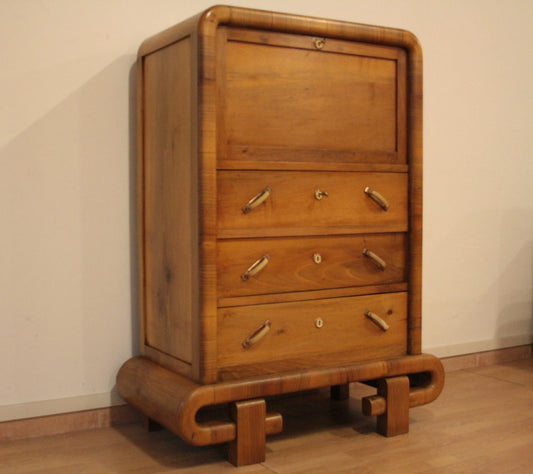 1950s Art Deco walnut secretaire with mid-century modern Italian wooden drawers