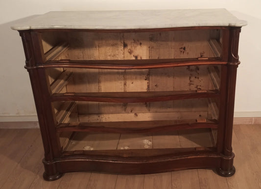 Close up of a Louis Philippe chest of drawers in mahogany with a white Carrara marble top, 19th century