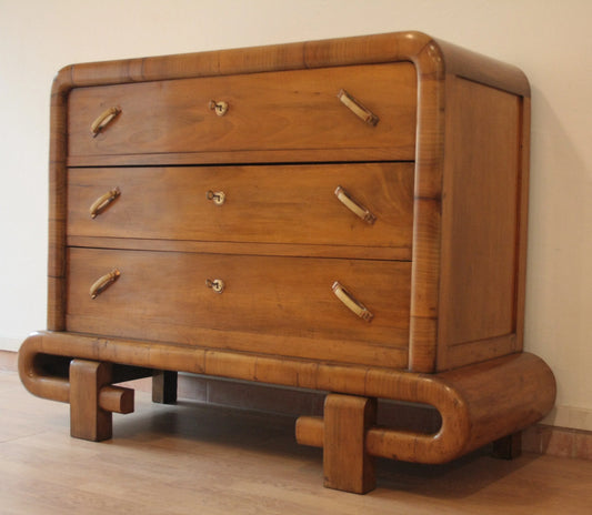 1950s Art Deco walnut chest of drawers with three drawers in mid-century modern Italian style from Dario Raia Antiques