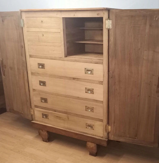 Walnut cabinet from the early 1900s with internal chest of drawers and side compartment in restored wood with brass hardware