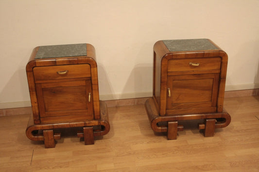 Pair of 1950s Art Deco walnut bedside tables, mid-century modern Italian style, from Dario Raia Antiques