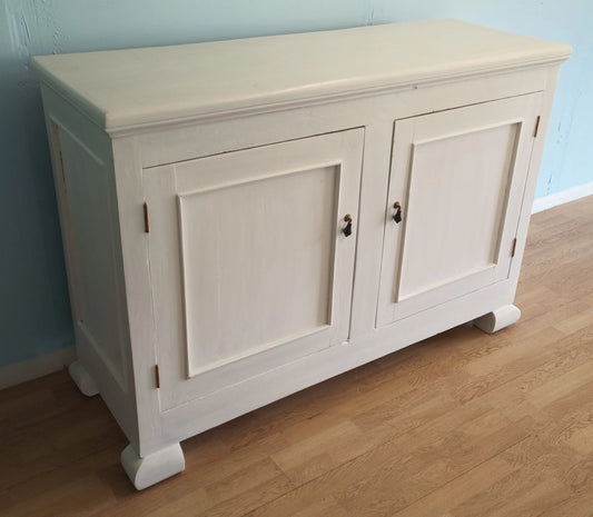Shabby chic Provencal design sideboard pantry cupboard in ivory white wood with two doors and decorative mouldings