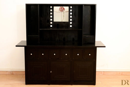 DS5 sideboard by Charles Rennie Mackintosh for Cassina with central panel in red flower stained glass and black lacquer finish