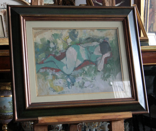 Oil painting on canvas depicting a reclining woman signed by Savino Lab� in an elegant frame