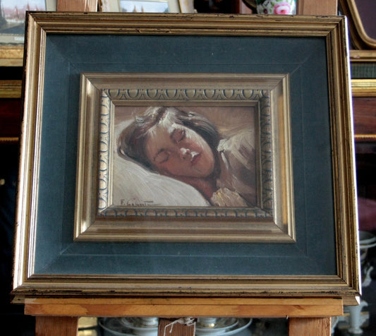 Framed painting sleeping girl by Francesco Galante featuring a sleeping woman signed work