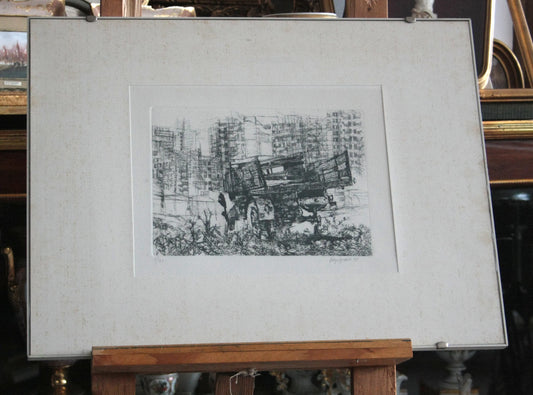 Framed black and white drawing of a truck by Renzo Vespignani, outskirts, year 1956, standard picture size