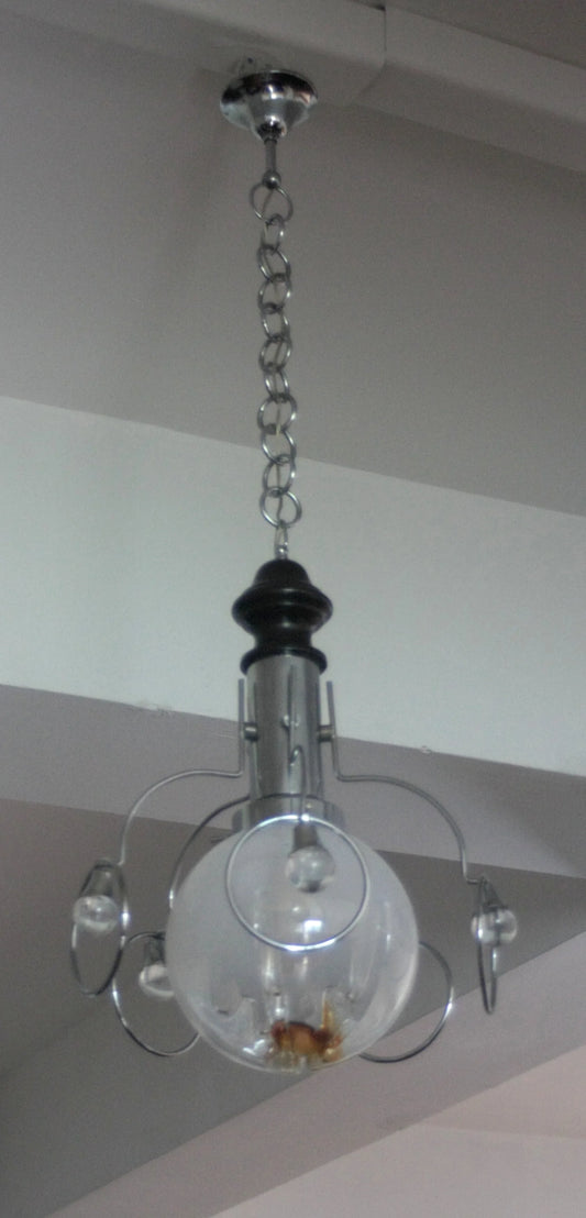 Vintage 1970s Mazzega chandelier in chrome and glass with a space-age design suspended in Italian style