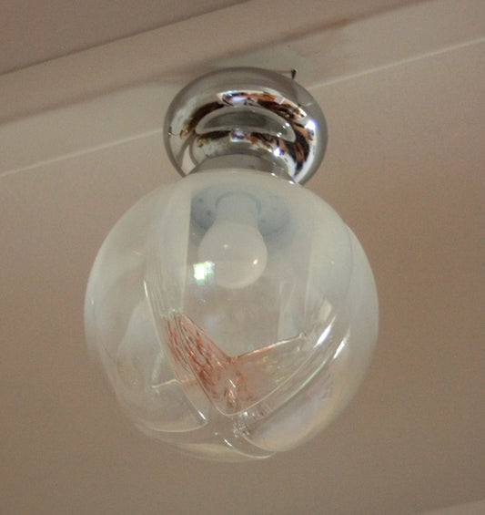 1960s Italian Murano round blown glass chrome ceiling lamp with chrome base