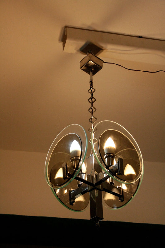 Vintage Art Deco chandelier in chromed metal from the 1970s with glass, modern and refined, Italian from the seventies