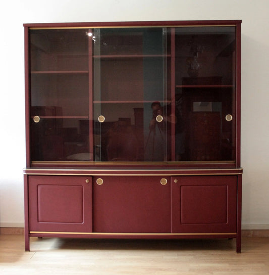 Double-body sideboard in burgundy faux leather by Umberto Mascagni, Italian design, 1950s