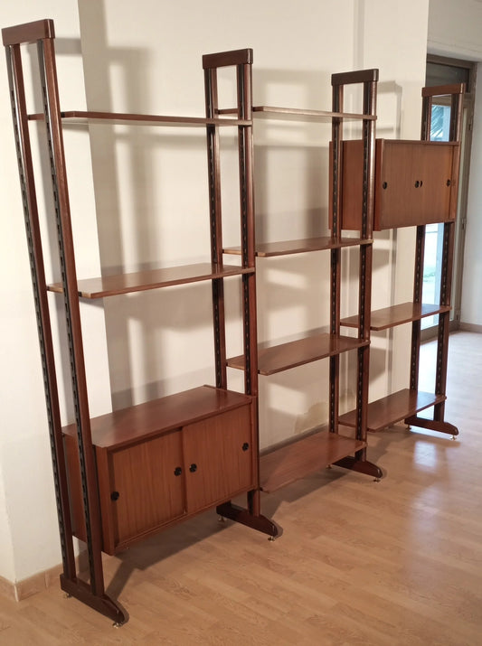 Original 1960s modular vintage teak bookcase with open compartments and mid-century wooden doors