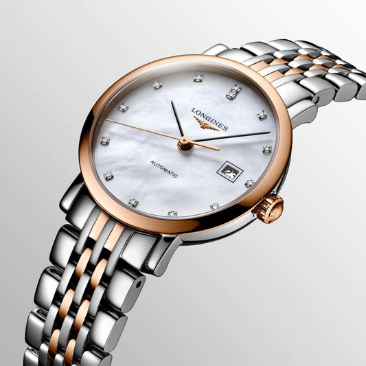 Longines watch Elegant Collection 29mm mother of pearl automatic diamonds in steel with rose gold trim L4.310.5.87.7