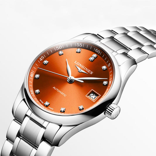 Longines Master Collection 34mm Orange Diamonds Automatic Steel Watch L2.357.4.08.6