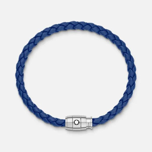 Montblanc stainless steel bracelet with 3-ring clasp and blue leather size M 130899 63