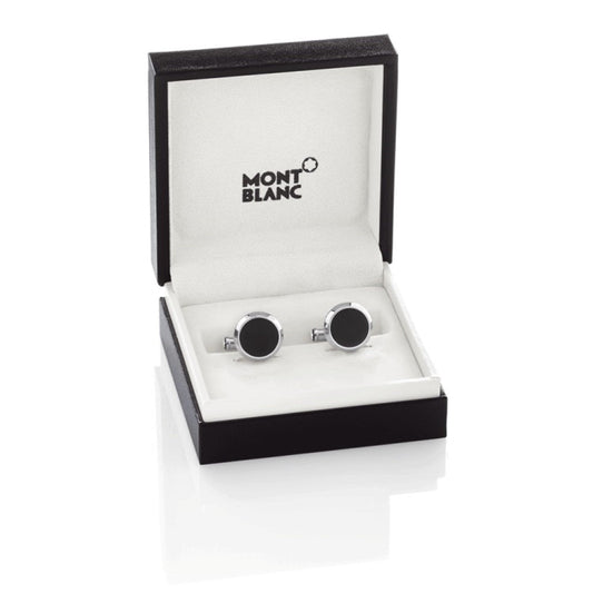 Montblanc round steel Meisterstück cufflinks with onyx insert 112896