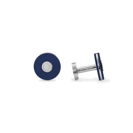 Montblanc round cufflinks in fine steel with blue resin 123812