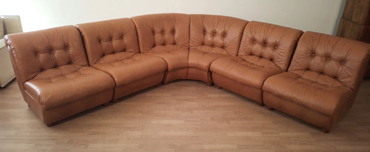 Vintage modular sofa in cognac leather with tufted cushions in brown leather from the 70s, set of 5
