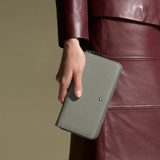 Montblanc medium wallet in grey saffiano leather with full zip closure and signature logo