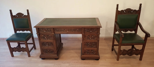 Eclectic style walnut study desk set with drawers and matching green leather office chairs