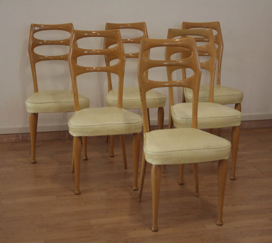 Set of 6 mid-century modern wooden dining chairs by Vittorio Dassi from the 1950s from Dario Raia Antiques