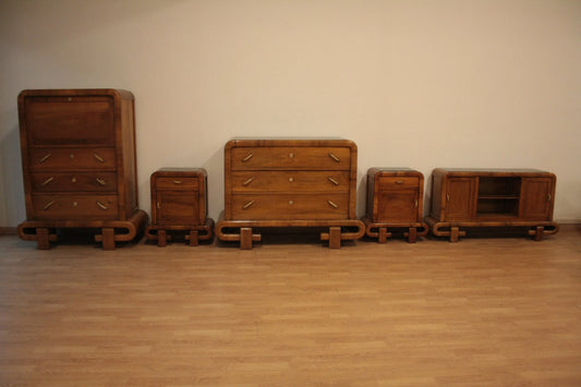 1950s Art Deco walnut bedroom with mid-century modern design for vintage modern antique furniture