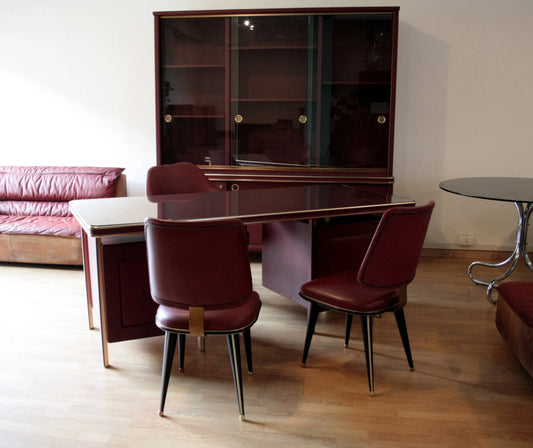 Umberto Mascagni study set, ministerial desk designed in brown wood with three chairs and bookcase, Italy 1950