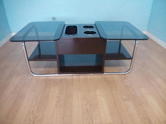 Vintage 1970s bar table with glass and chromed metal surfaces, beautiful, with integrated cup holder.