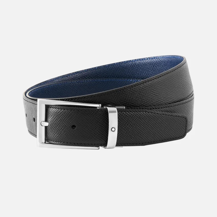 Montblanc 35mm Sartorial Reversible Leather Belt with Trapezoidal Buckle Black/Blue Adjustable Length 118438