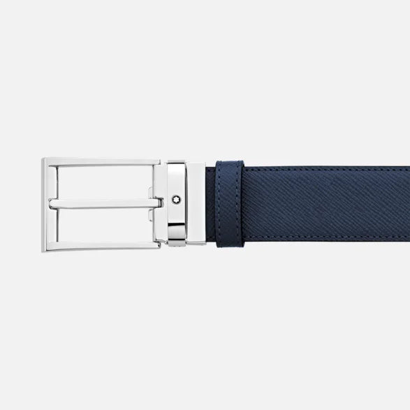 Montblanc 35mm Sartorial Reversible Leather Belt with Trapezoidal Buckle Black/Blue Adjustable Length 118438