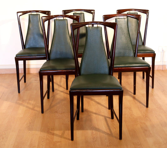 Set of 6 mid-century chairs by Osvaldo Borsani, Atelier Borsani Varedo, mahogany, rosewood, leather and brass, Italy, 1950s