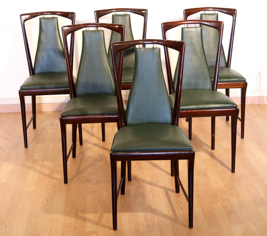 Set of 6 mid-century chairs by Osvaldo Borsani, Atelier Borsani Varedo, mahogany, rosewood, leather and brass, Italy, 1950s