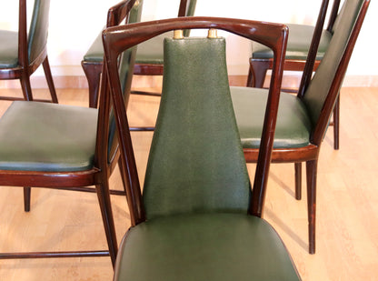 Set of 6 Mid-Century Chairs by Osvaldo Borsani, Atelier Borsani Varedo, Mahogany, Rosewood, Leather, and Brass, Italy, 1950s