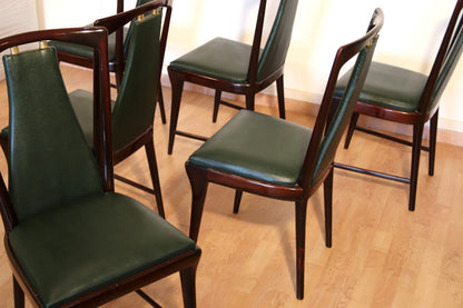 Set of 6 Mid-Century Chairs by Osvaldo Borsani, Atelier Borsani Varedo, Mahogany, Rosewood, Leather, and Brass, Italy, 1950s