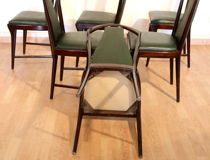 Set of 6 Mid-Century Chairs by Osvaldo Borsani, Atelier Borsani Varedo, Mahogany, Rosewood, Leather, and Brass, Italy, 1950s