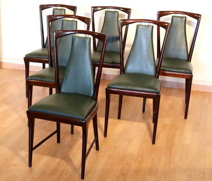 Set of 6 Mid-Century Chairs by Osvaldo Borsani, Atelier Borsani Varedo, Mahogany, Rosewood, Leather, and Brass, Italy, 1950s
