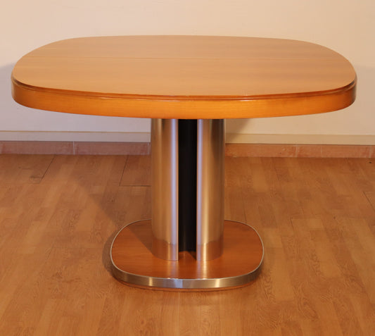 Extendable dining table attributed to Willy Rizzo for Sabot — wood and satin-finish steel, Italy, 1970s