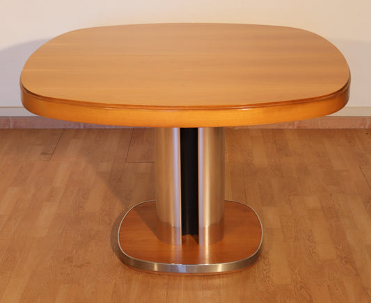 Extendable dining table attributed to Willy Rizzo for Sabot — wood and satin-finish steel, Italy, 1970s