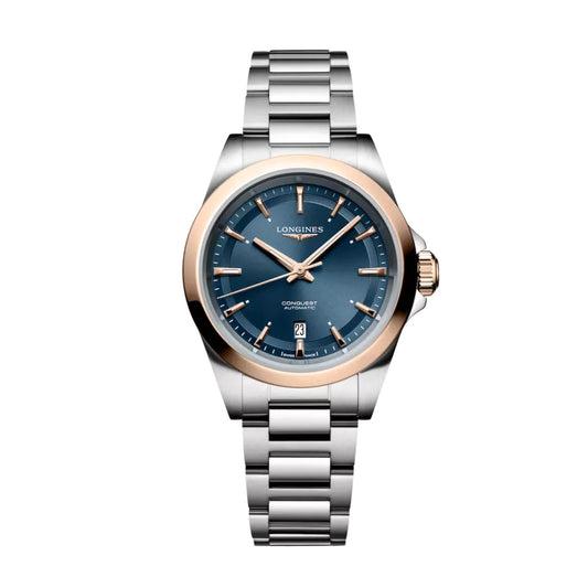 Longines Conquest 30mm blue automatic steel rose gold PVD finish watch L3.320.5.92.6
