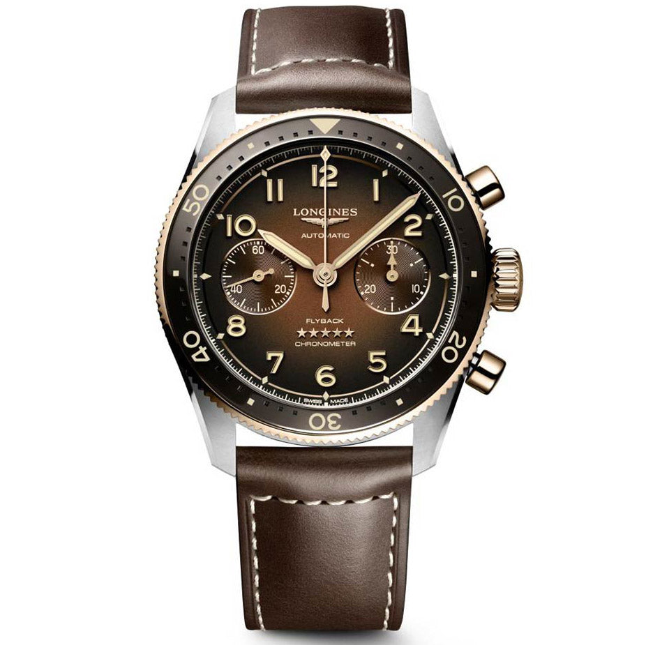 Longines Spirit Flyback 42mm brown automatic steel and 18kt rose gold watch L3.821.5.59.2