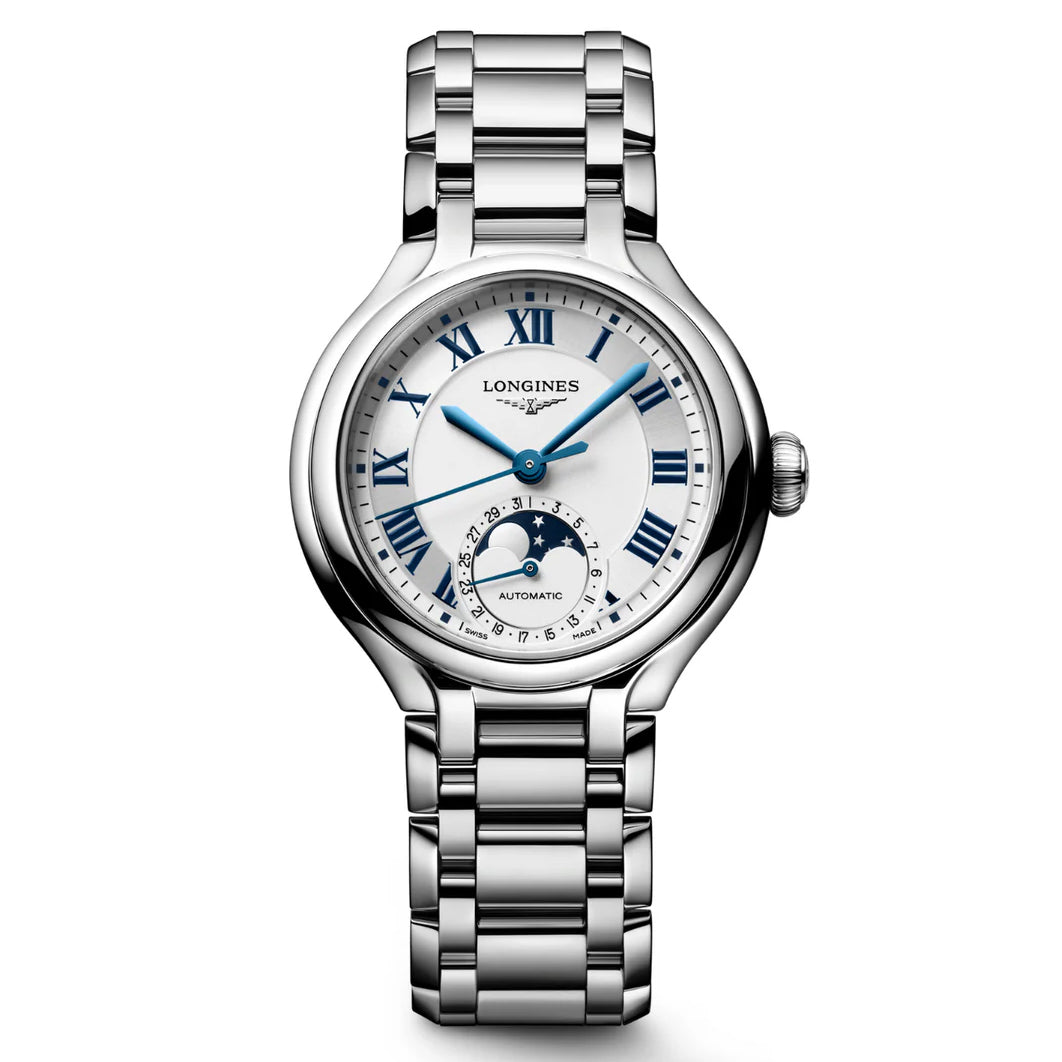 Longines Primaluna Moonphase 34mm silver automatic steel watch L8.126.4.71.6