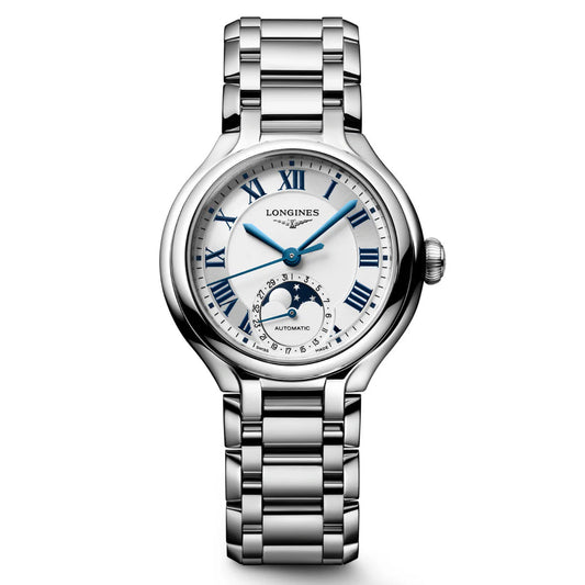 Longines Primaluna Moonphase 34mm silver automatic steel watch L8.126.4.71.6