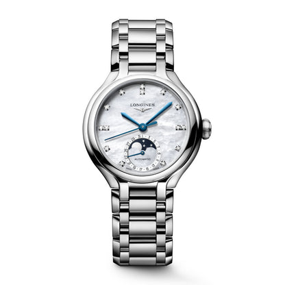 Longines Primaluna Moonphase Watch 34mm Mother-of-Pearl Diamonds Automatic Steel L8.126.4.87.6