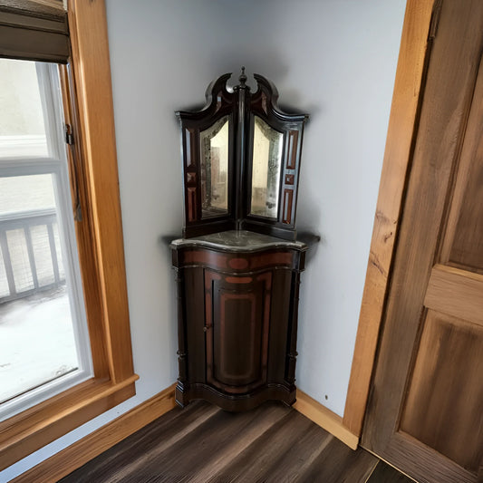 Splendida angoliera in legno scuro con vano inferiore e top specchiato in ottime condizioni