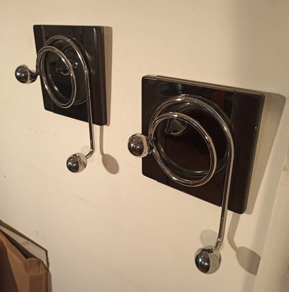 Two elegant black wall coat hooks with chrome details by Willy Rizzo, 1970s design