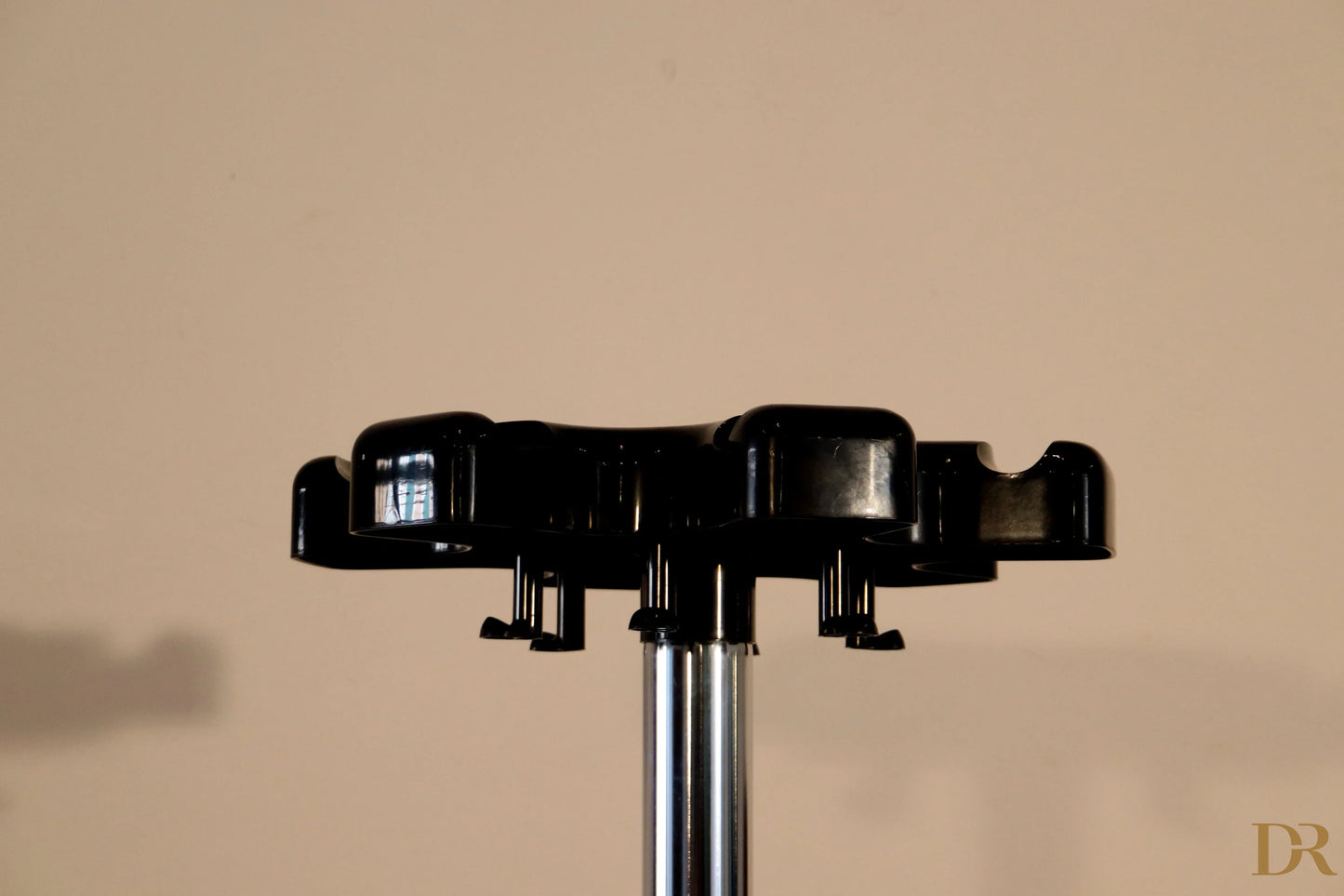Velca coat rack with umbrella stand and multiple hooks in black plastic and chrome pole by Paolo Orlandini for Velca Milano