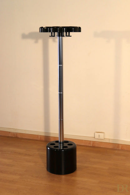 Velca coat stand with umbrella stand in black plastic and central chrome pole designed by Paolo Orlandini for Velca Milano