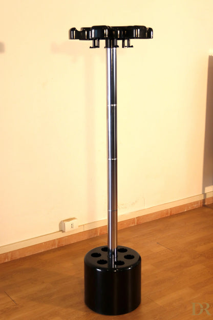 Velca coat stand with umbrella stand in black plastic and central chrome pole designed by Paolo Orlandini for Velca Milano