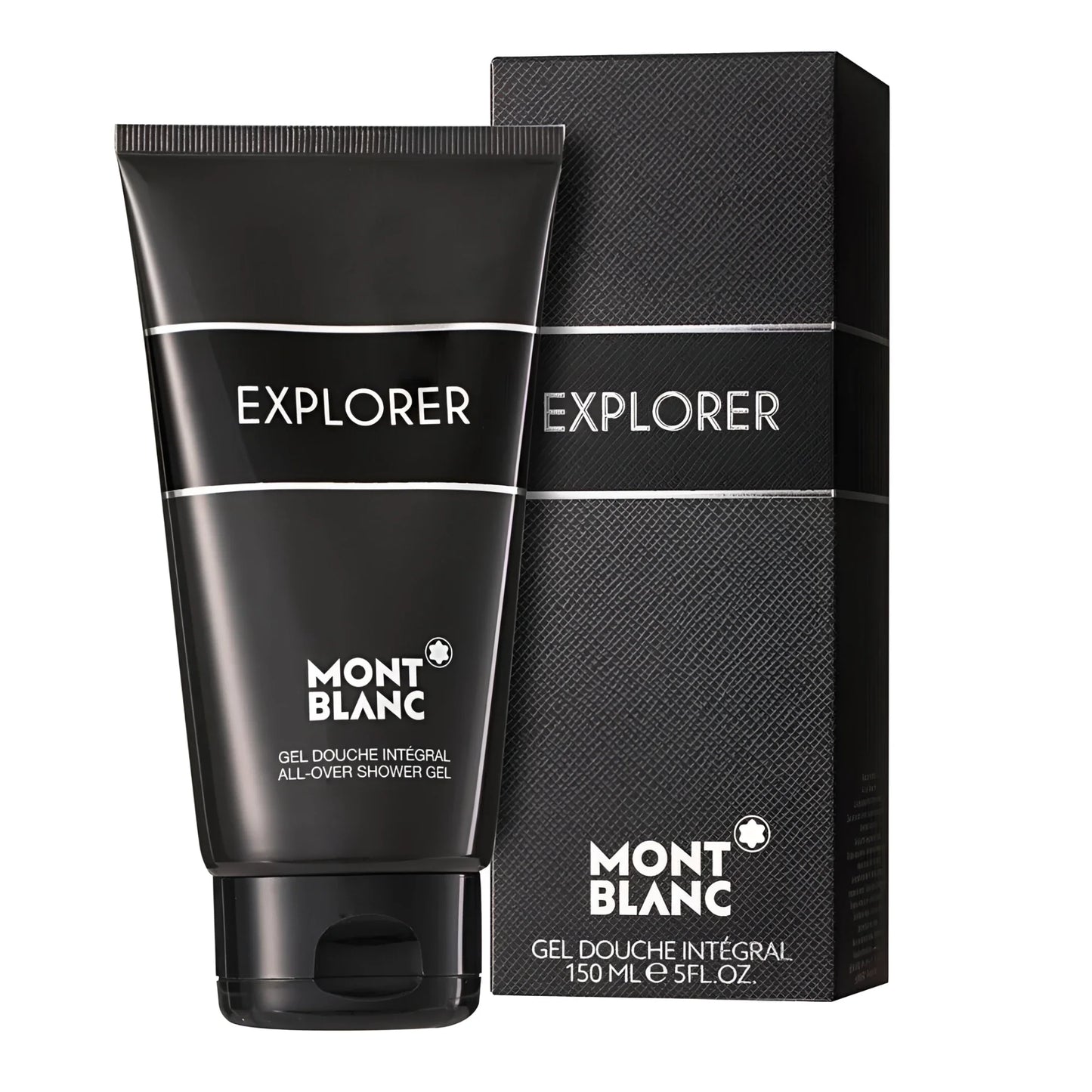 Montblanc explorer gel douche integral 150ml in an elegant black tube with silver lettering and textured black packaging
