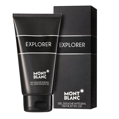 Montblanc explorer gel douche integral 150ml in an elegant black tube with silver lettering and textured black packaging