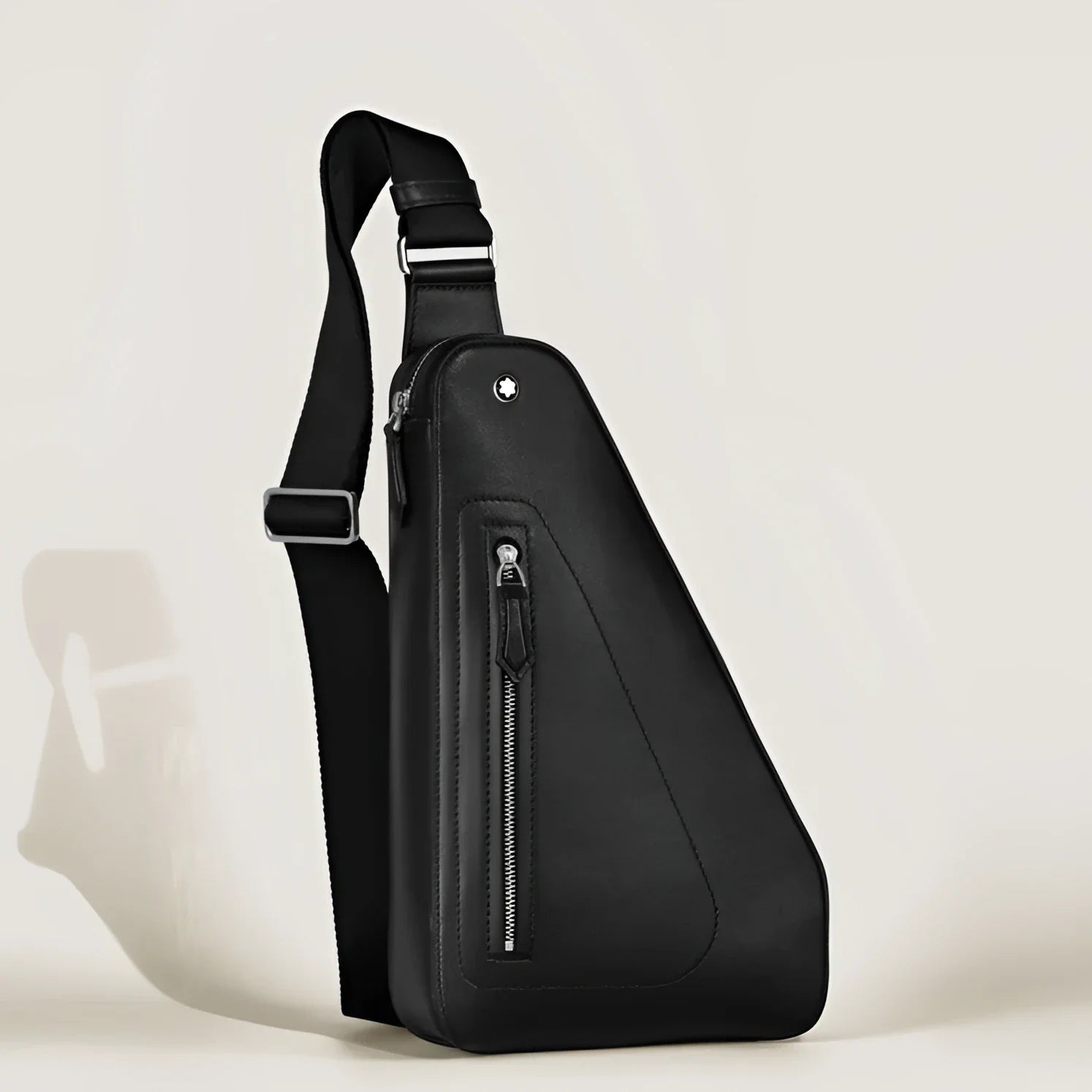 Montblanc Soft Black Leather Shoulder Bag with minimalist design and exterior pockets offer elegant practicality